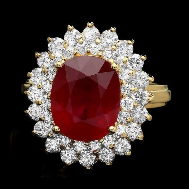 Mixed Cut 7.00 Carats Natural Red Ruby and Diamond 14K Solid Yellow Gold Ring For Sale