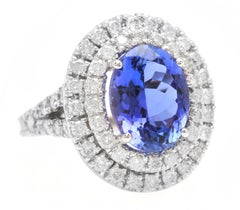 7.00 Carats Natural Tanzanite and Diamond 14K Solid White Gold Ring