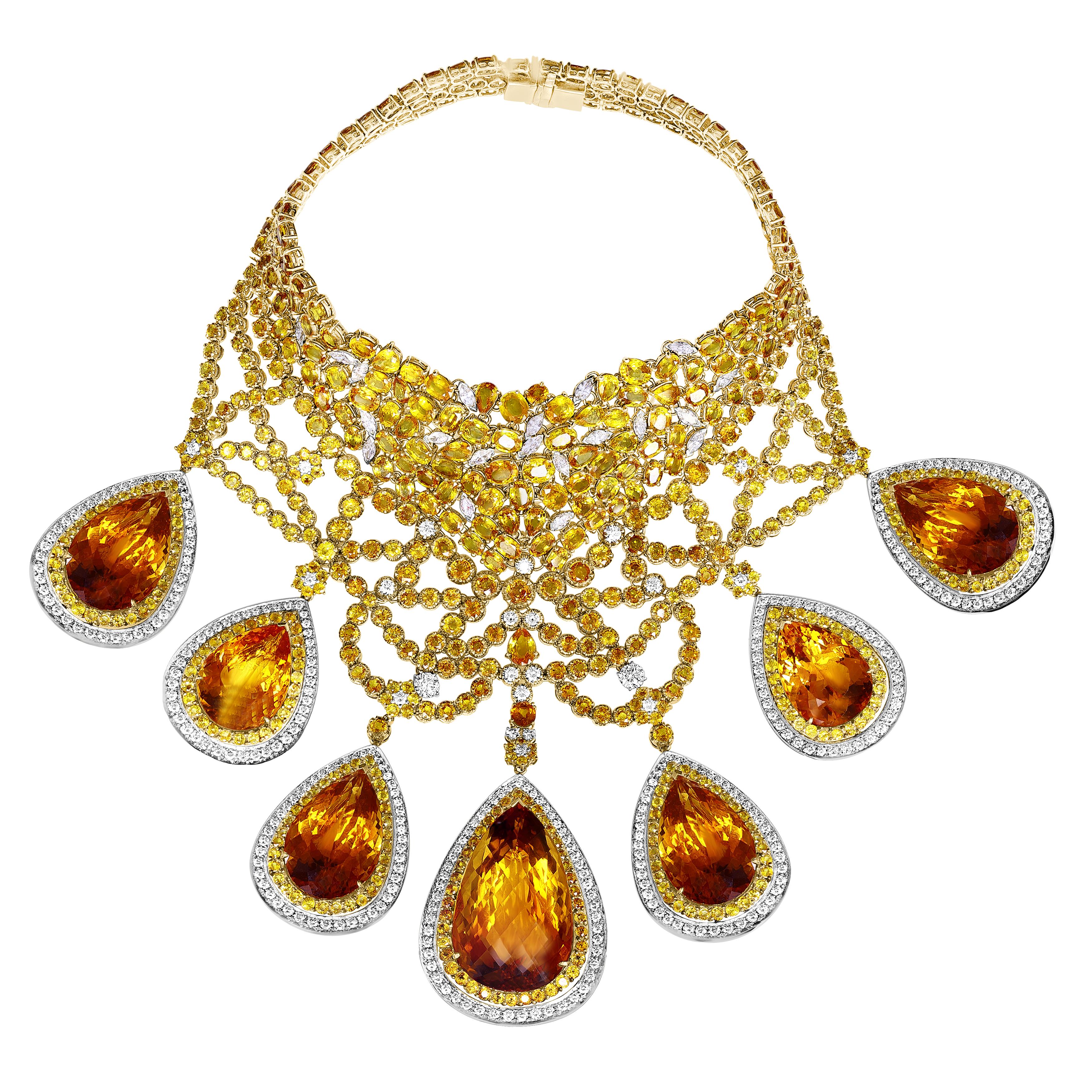 Women's 700 Ct Citrine, 450 Ct YS & 35 Ct Diamond Necklace + Er Suite 18 Kt Gold 487 Gm