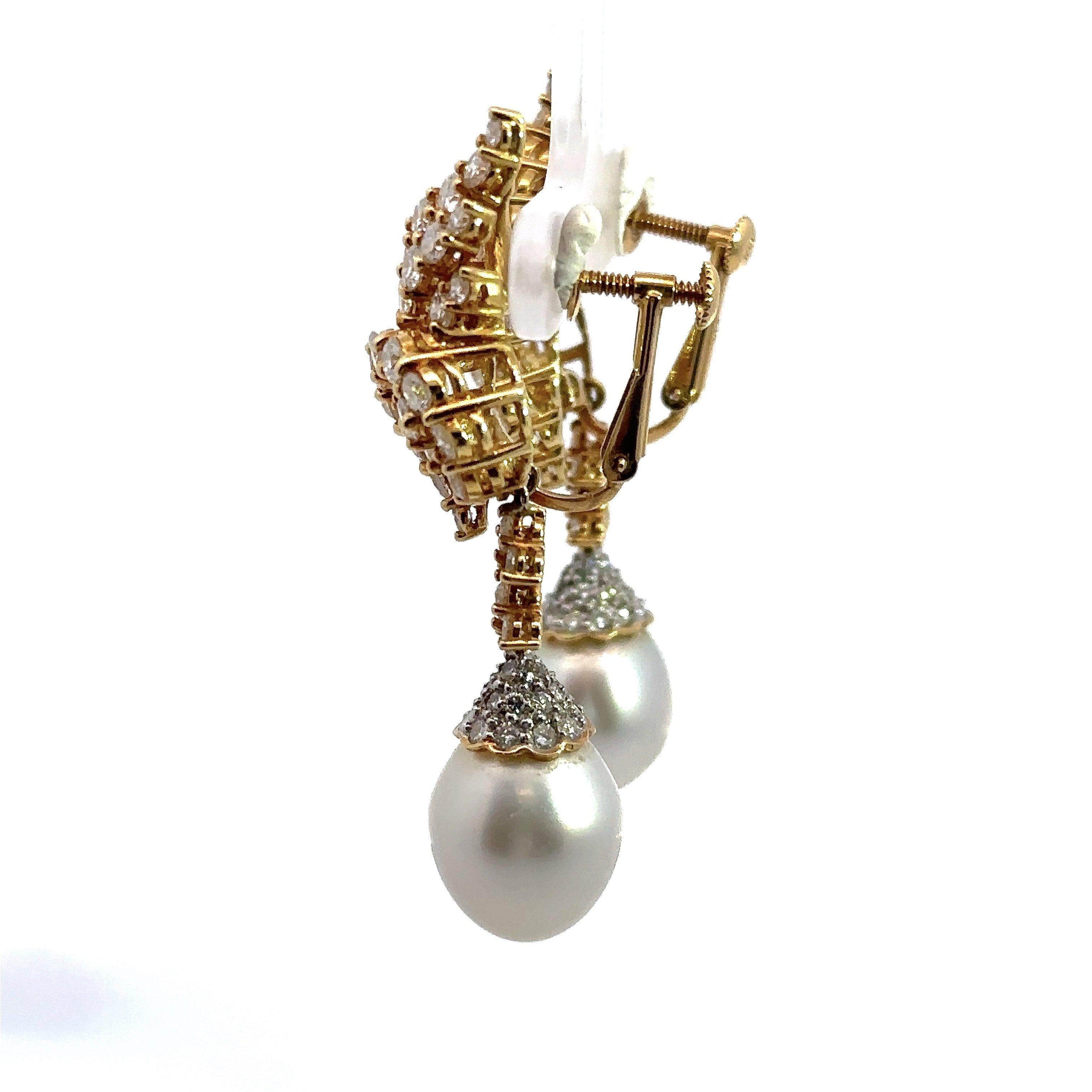 Round Cut 7.00 CT Diamond and South Sea Pearl 18K Gold Earrings