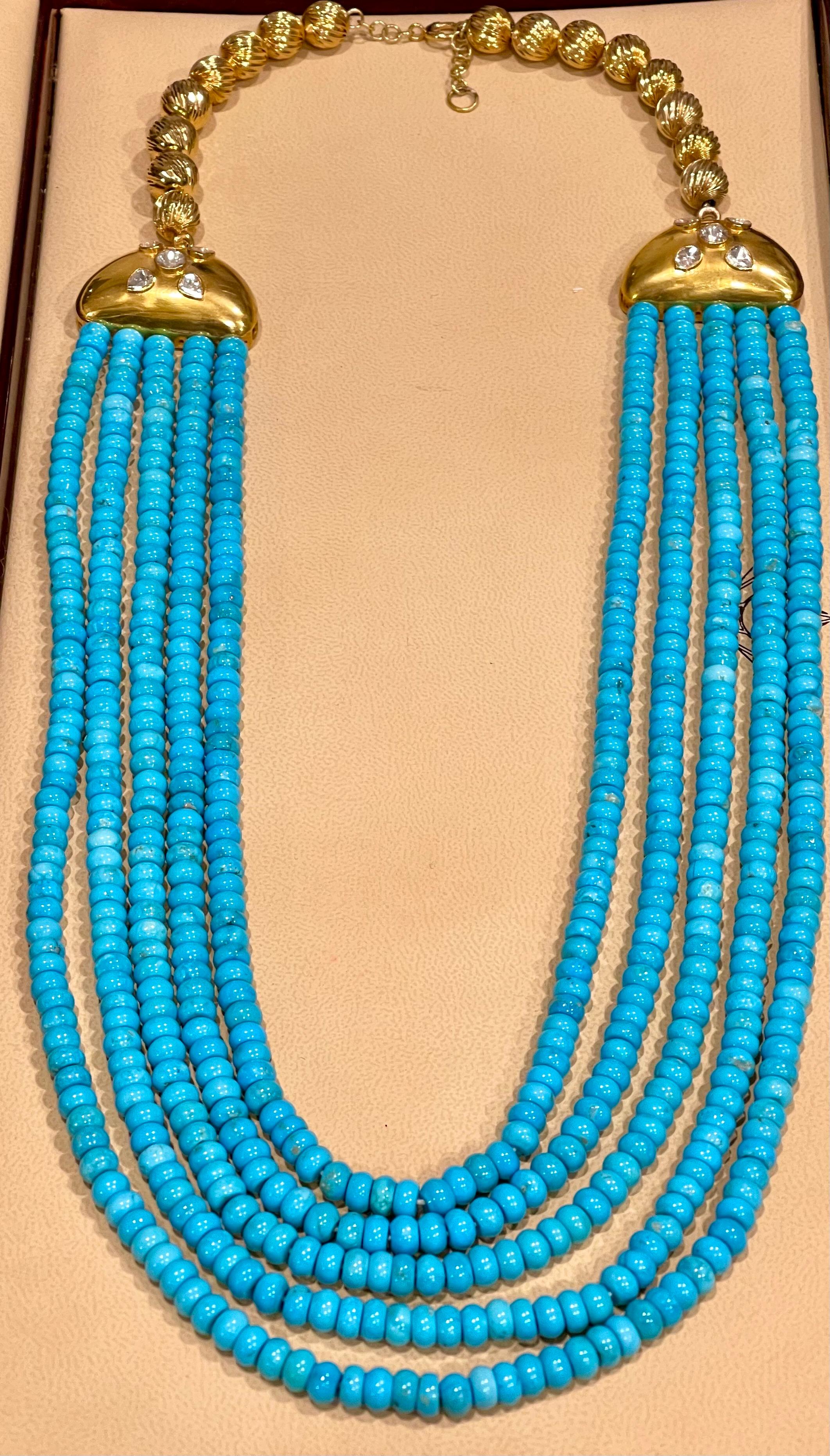 700 Ct Natural Sleeping Beauty Turquoise Necklace + Diamond 5 Strand 14 Kt Gold For Sale 7