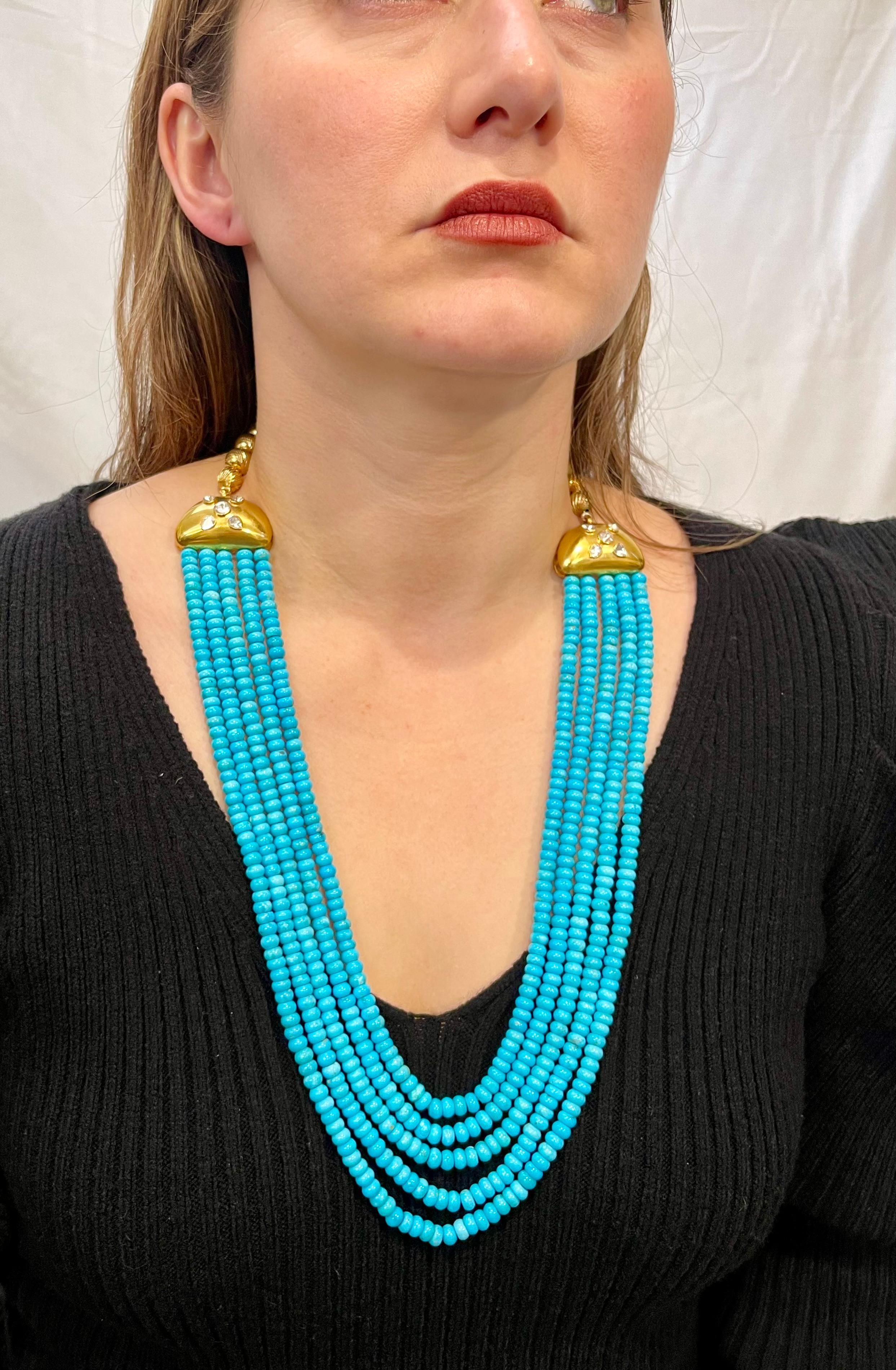 700 Ct Natural Sleeping Beauty Turquoise Necklace + Diamond 5 Strand 14 Kt Gold In Excellent Condition For Sale In New York, NY