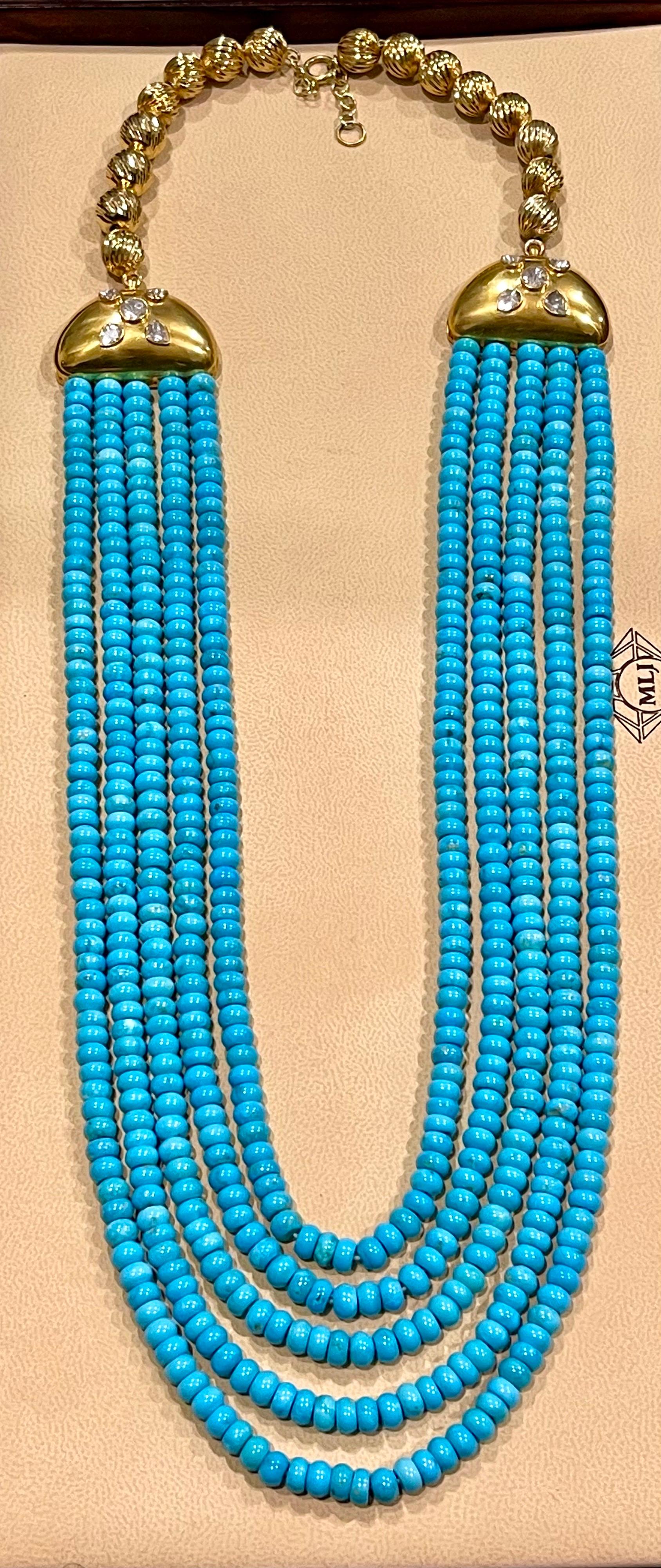 700 Ct Natural Sleeping Beauty Turquoise Necklace + Diamond 5 Strand 14 Kt Gold For Sale 4
