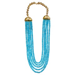 700 Ct Natural Sleeping Beauty Turquoise Necklace + Diamond 5 Strand 14 Kt Gold