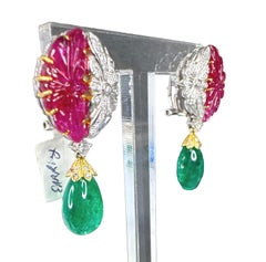 7.00 ctw Vintage Style Emerald, Ruby & Diamond Earrings 18K Yellow & White Gold
