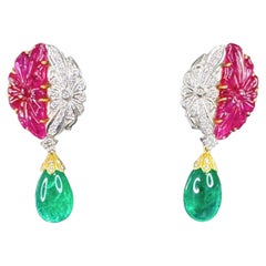 7.00 ctw Vintage Style Emerald, Ruby & Diamond Earrings 18K Yellow & White Gold