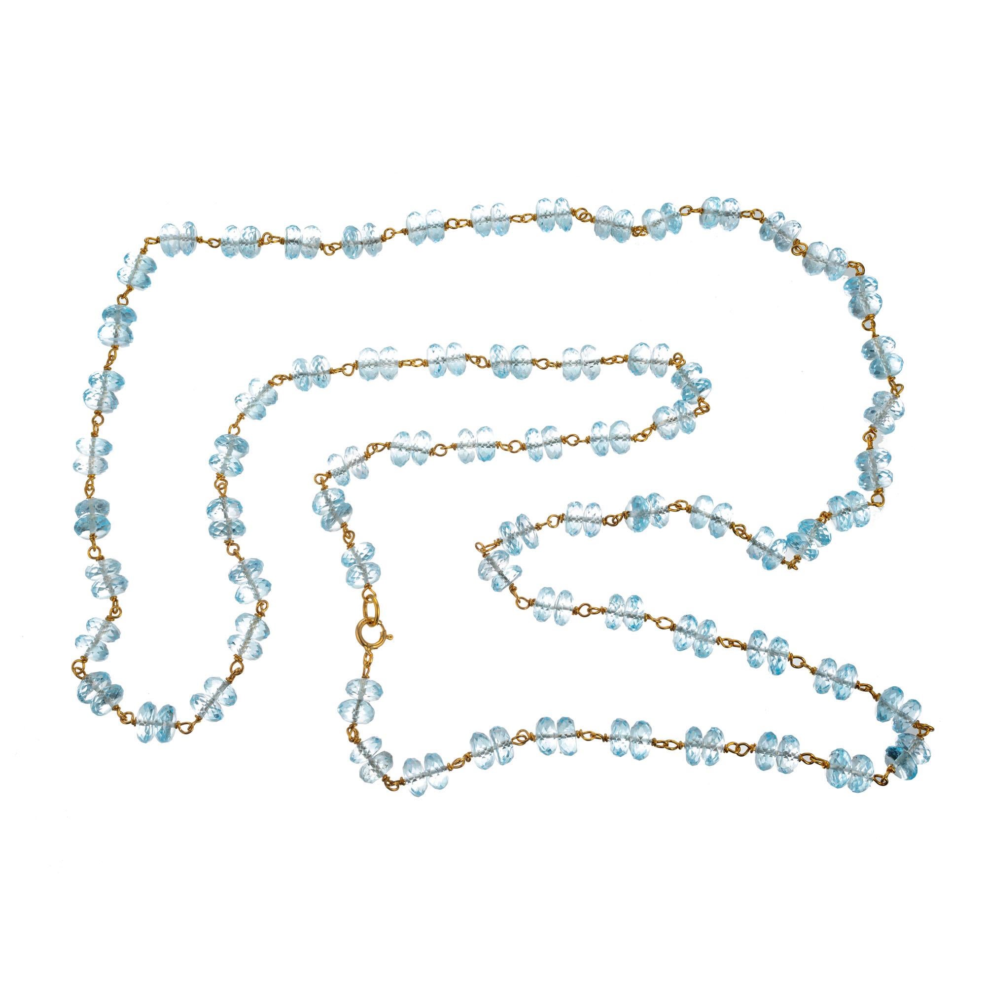 Briolette Cut 70.00 Carat Carat Blue Topaz Faceted Rondelle Brioletts Bead Gold Necklace For Sale