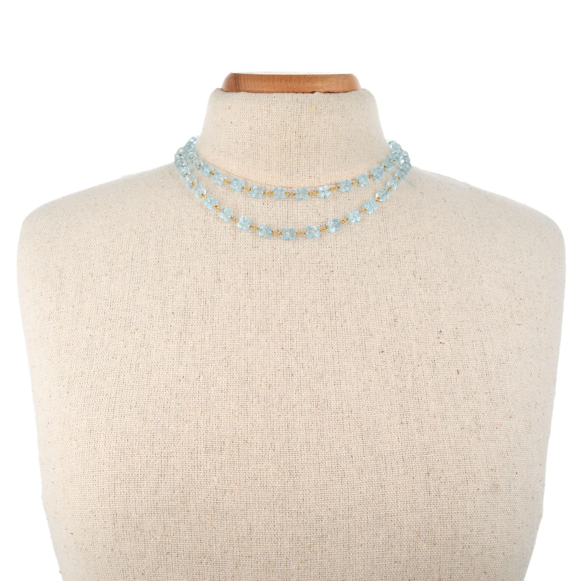 70.00 Carat Carat Blue Topaz Faceted Rondelle Brioletts Bead Gold Necklace In Excellent Condition For Sale In Stamford, CT