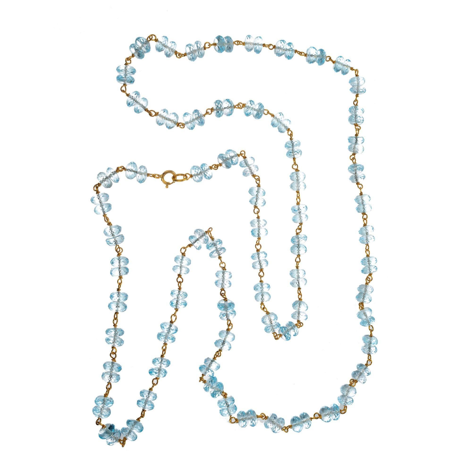Women's 70.00 Carat Carat Blue Topaz Faceted Rondelle Brioletts Bead Gold Necklace For Sale