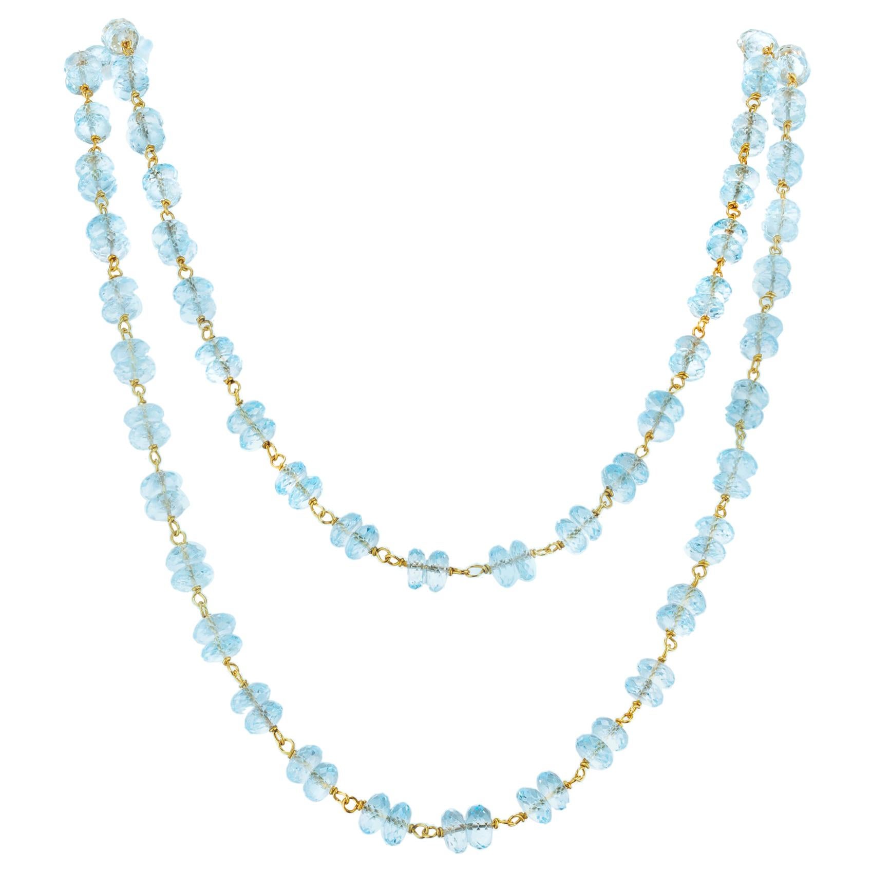 70.00 Carat Carat Blue Topaz Faceted Rondelle Brioletts Bead Gold Necklace