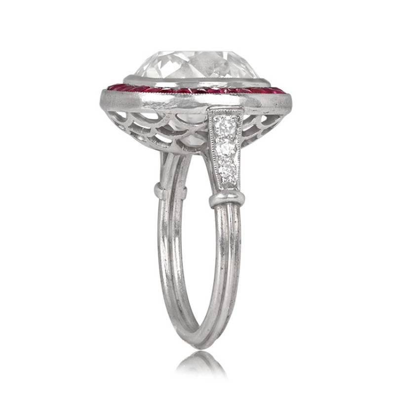 Art Deco 7.00ct Antique Cushion Cut Diamond Engagement Ring, Ruby Halo, Platinum For Sale