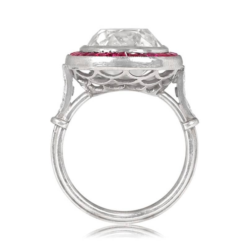 7.00ct Antique Cushion Cut Diamond Engagement Ring, Ruby Halo, Platinum In Excellent Condition For Sale In New York, NY