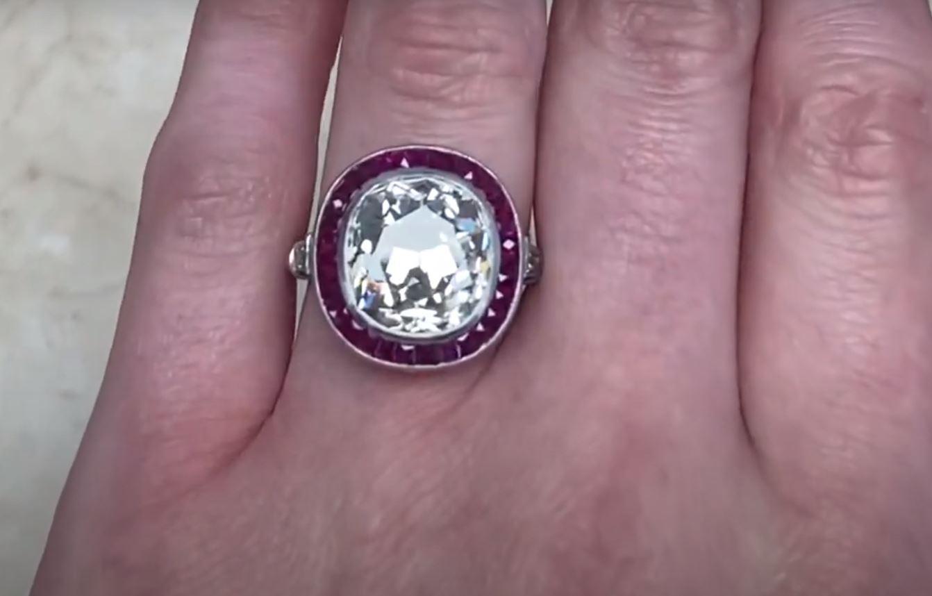 Women's 7.00ct Antique Cushion Cut Diamond Engagement Ring, Ruby Halo, Platinum For Sale