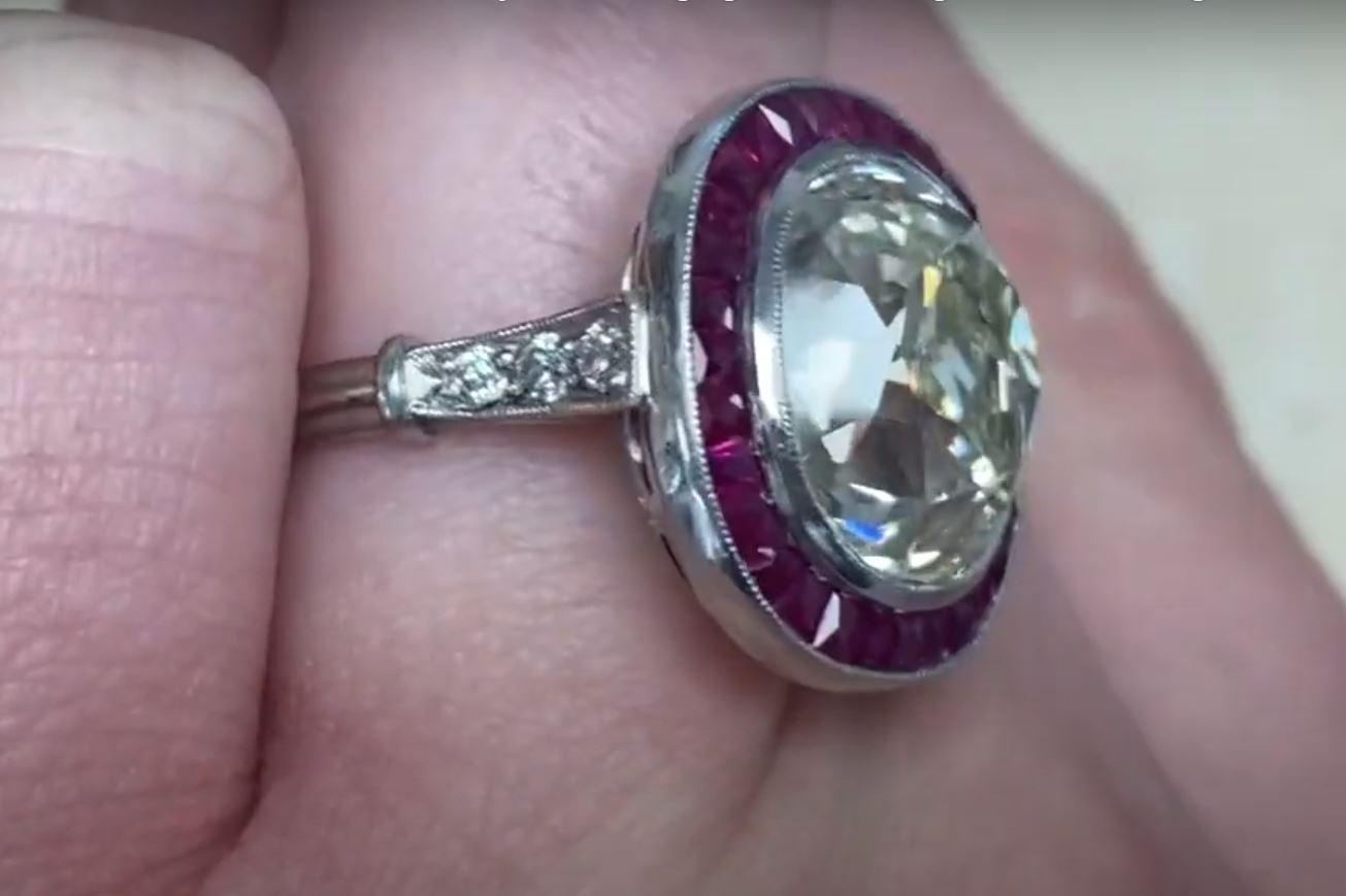 7.00ct Antique Cushion Cut Diamond Engagement Ring, Ruby Halo, Platinum For Sale 1