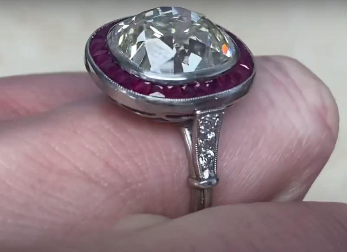 7.00ct Antique Cushion Cut Diamond Engagement Ring, Ruby Halo, Platinum For Sale 2