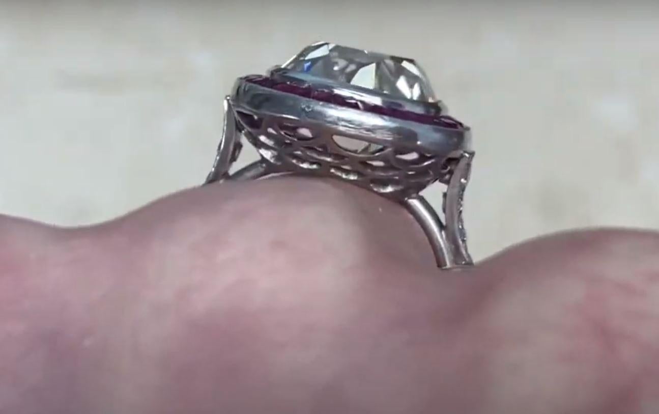 7.00ct Antique Cushion Cut Diamond Engagement Ring, Ruby Halo, Platinum For Sale 3