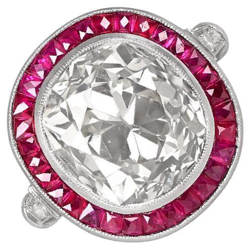 7.00ct Antique Cushion Cut Diamond Engagement Ring, Ruby Halo, Platinum For Sale