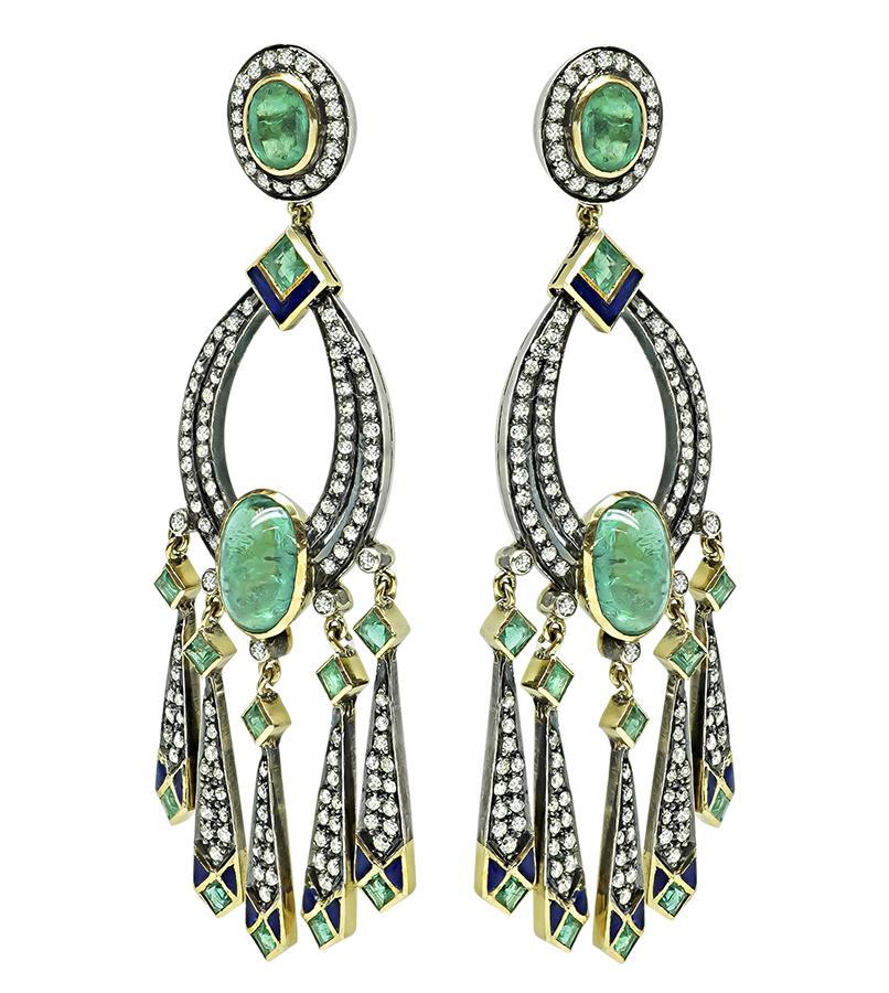 Cabochon 7.00ct Emerald 3.00ct Diamond Chandelier Earrings in vendita