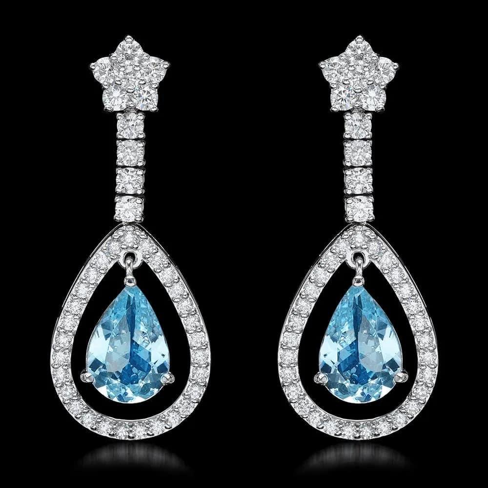 Mixed Cut 7.00Ct Natural Aquamarine and Diamond 14K Solid White Gold Earrings For Sale