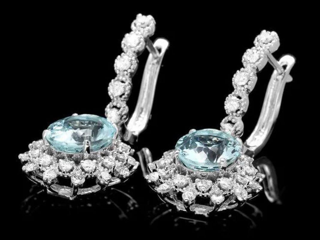 Mixed Cut 7.00Ct Natural Aquamarine and Diamond 14K Solid White Gold Earrings For Sale