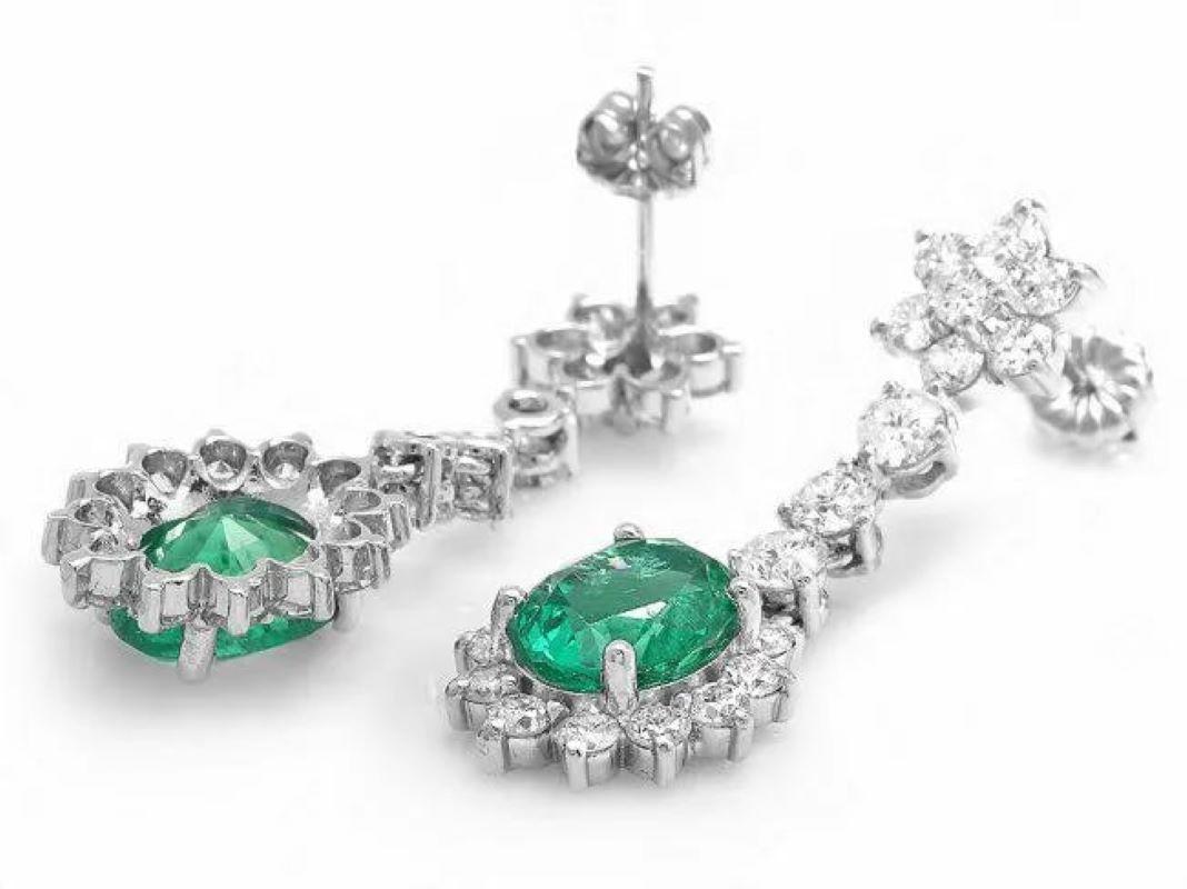 Mixed Cut 7.00ct Natural Emerald and Diamond 14K Solid White Gold Earrings For Sale