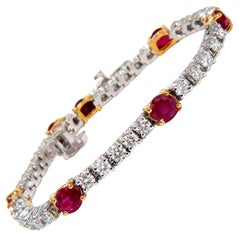 7.00CT Natural Vivid Red Ruby & Diamonds Tennis Bracelet 14KT Two Toned