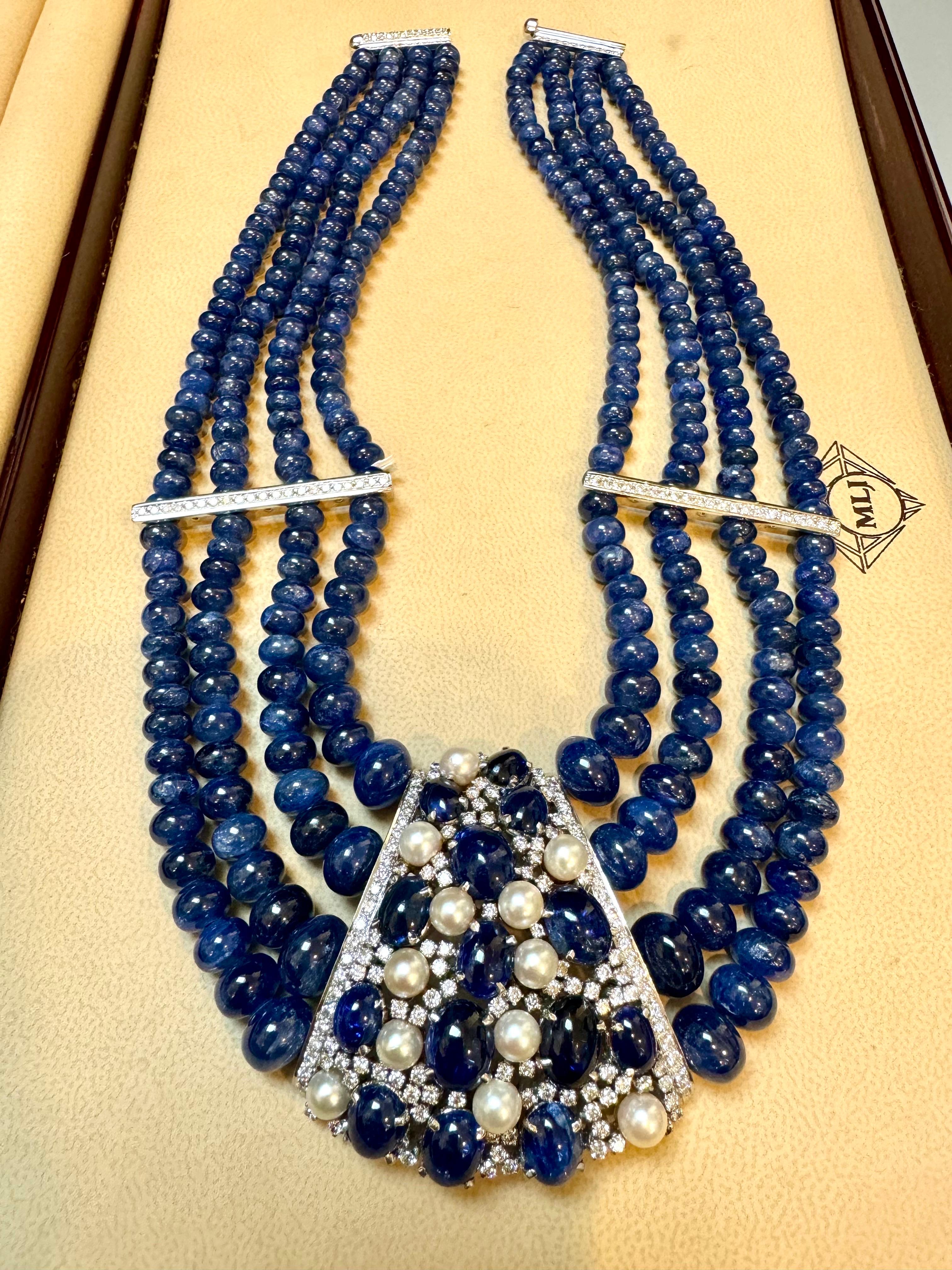700Ct Sapphire Bead Necklace with cabochon & Diamond Center & Diamond Spacer 18K For Sale 7