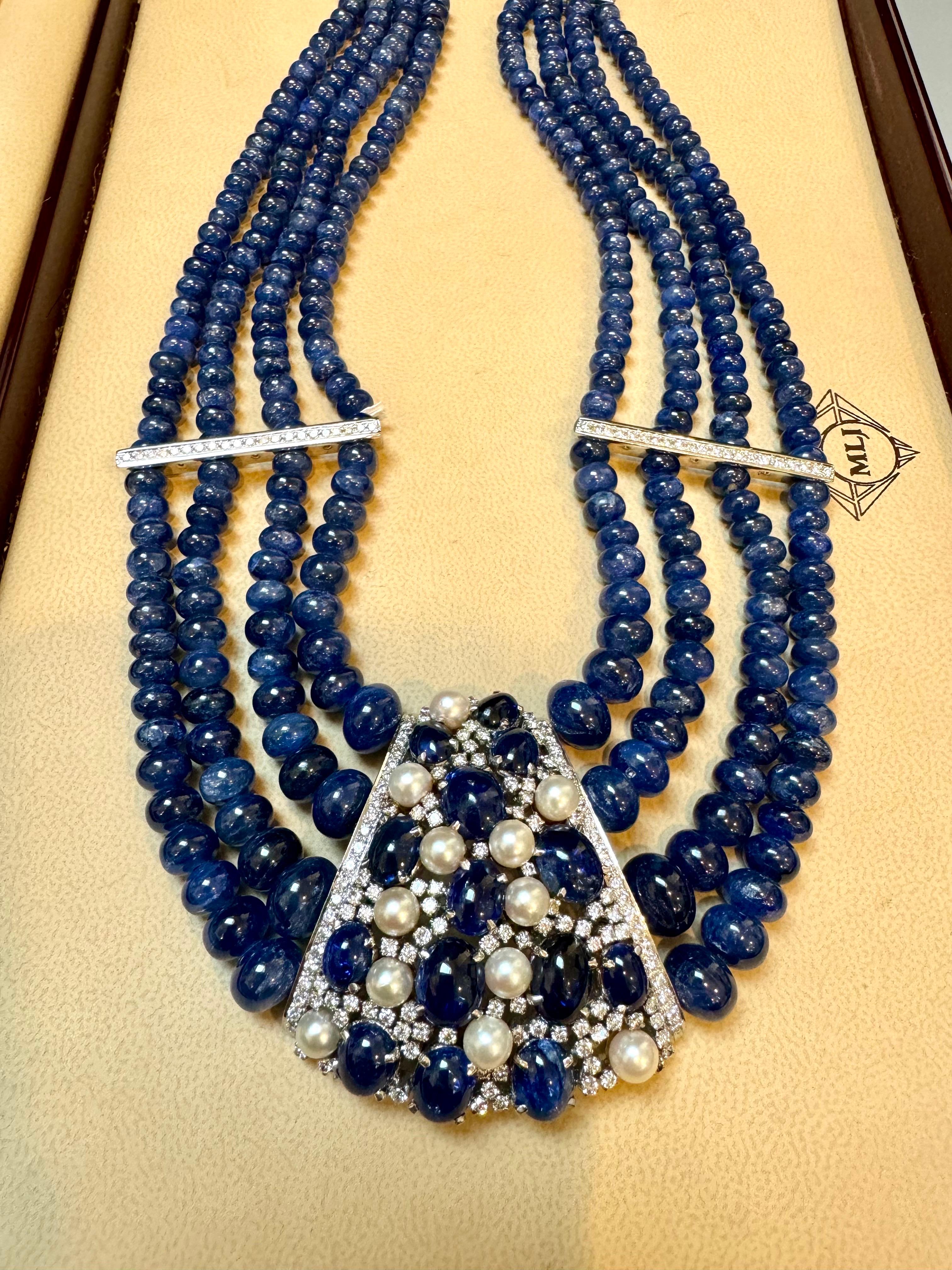 700Ct Sapphire Bead Necklace with cabochon & Diamond Center & Diamond Spacer 18K For Sale 9