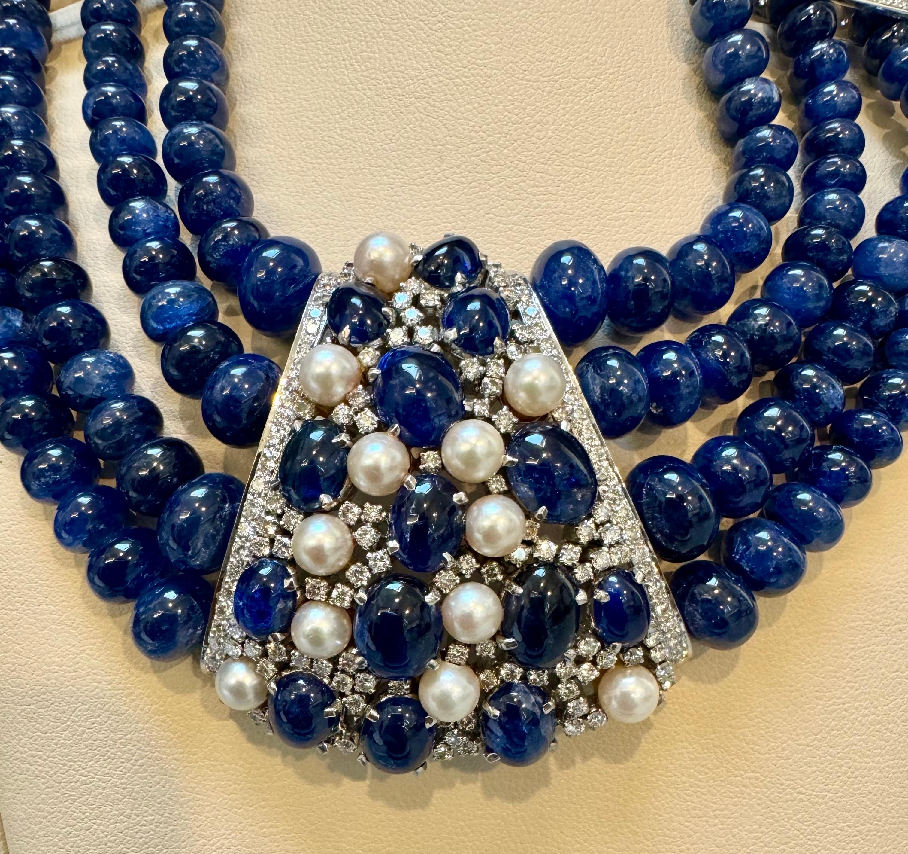700Ct Sapphire Bead Necklace with cabochon & Diamond Center & Diamond Spacer 18K For Sale 3