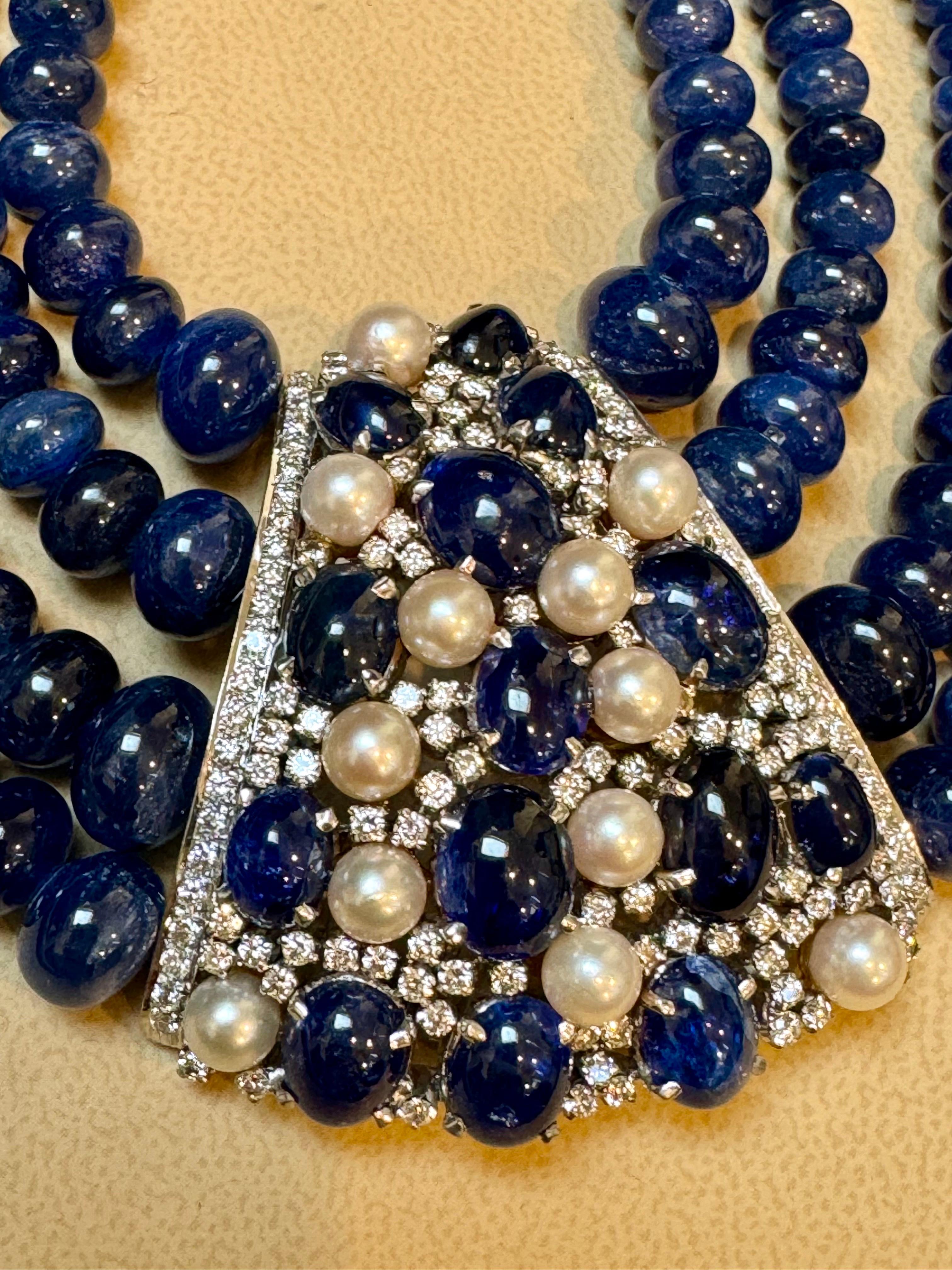 700Ct Sapphire Bead Necklace with cabochon & Diamond Center & Diamond Spacer 18K For Sale 4