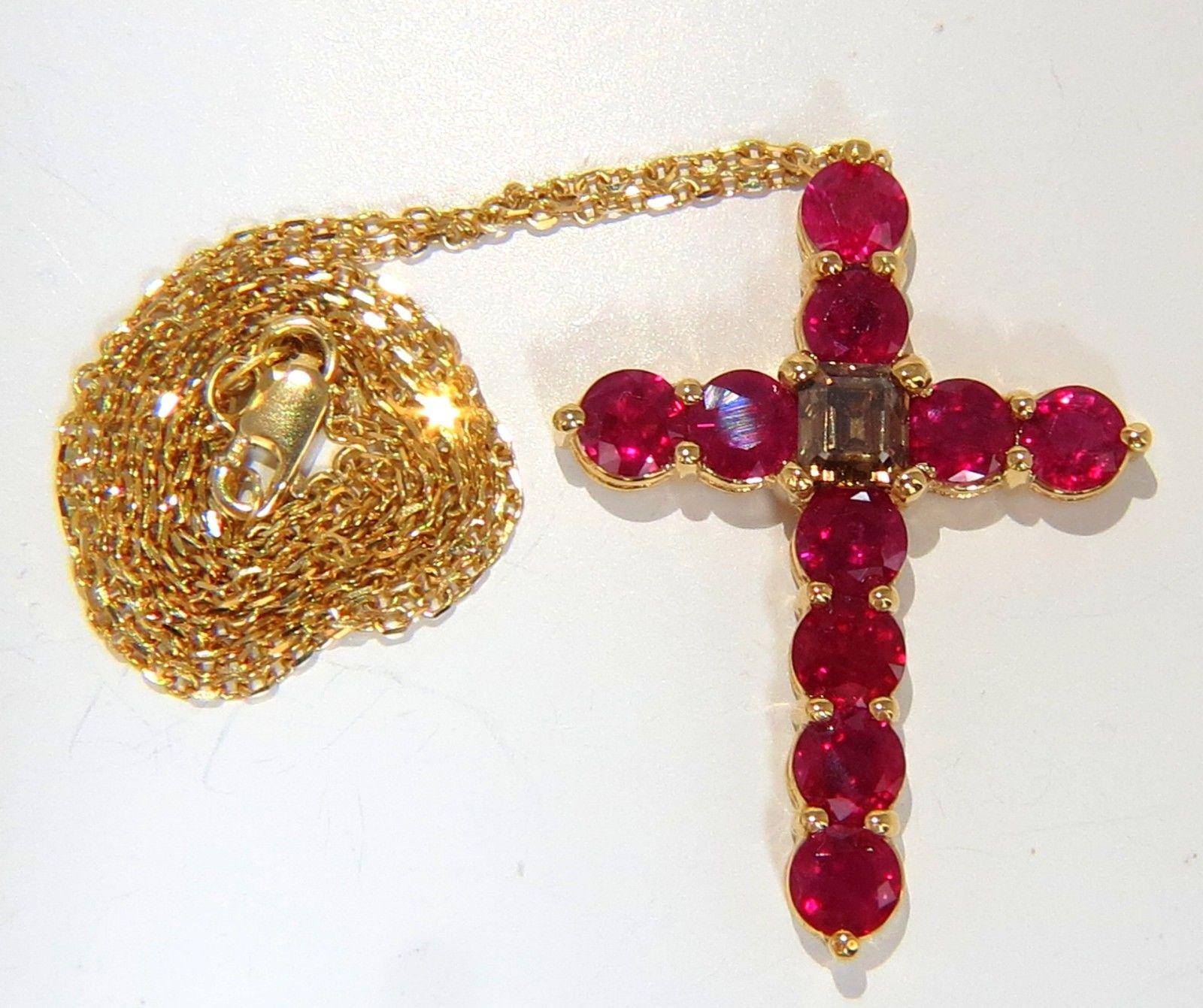 7.00ct.Natural Fancy color brown diamond vivid red ruby cross necklace 14k In New Condition In New York, NY
