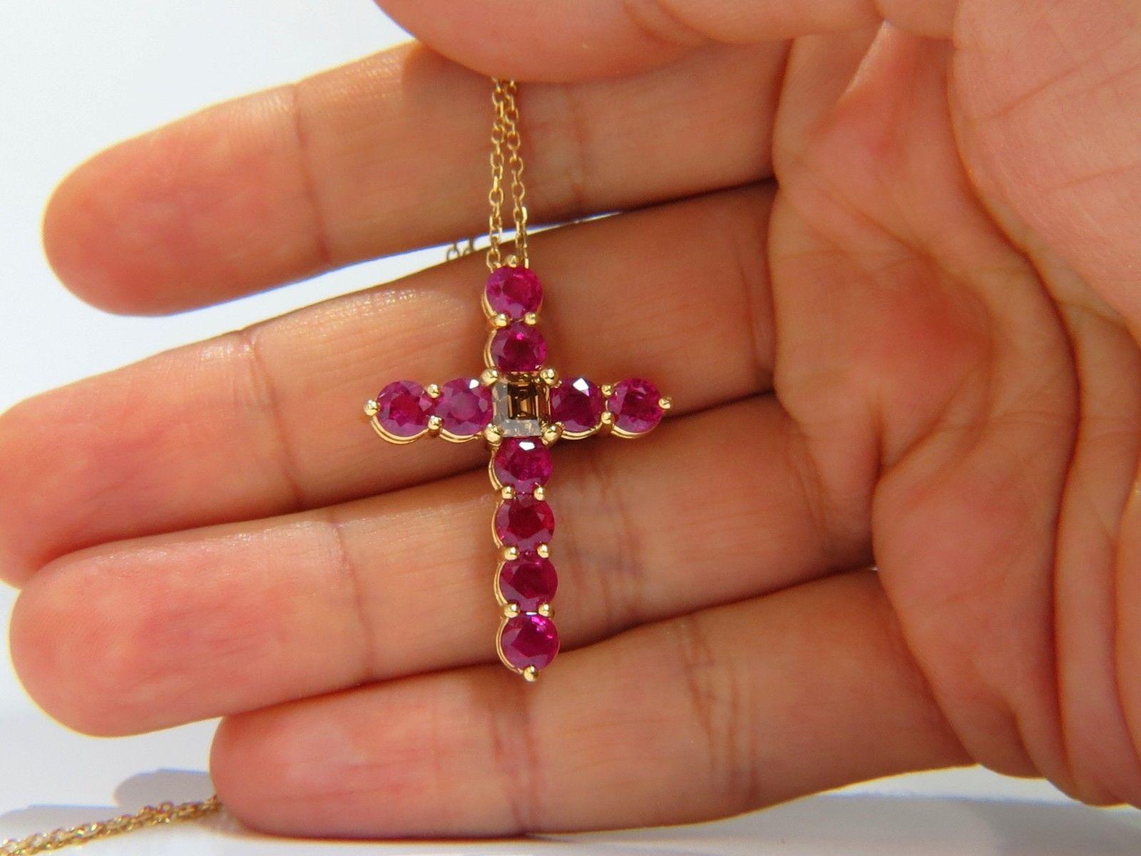 Women's or Men's 7.00ct.Natural Fancy color brown diamond vivid red ruby cross necklace 14k