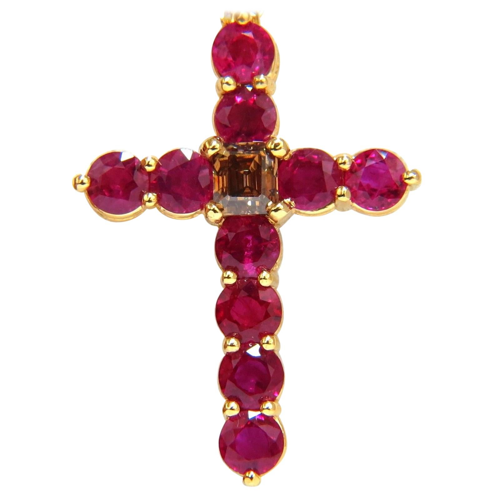 7.00ct.Natural Fancy color brown diamond vivid red ruby cross necklace 14k