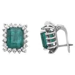 7.00Cttw Emeraude verte & 1.08Cttw Diamant Boucles d'oreilles pour dames en or blanc 14K