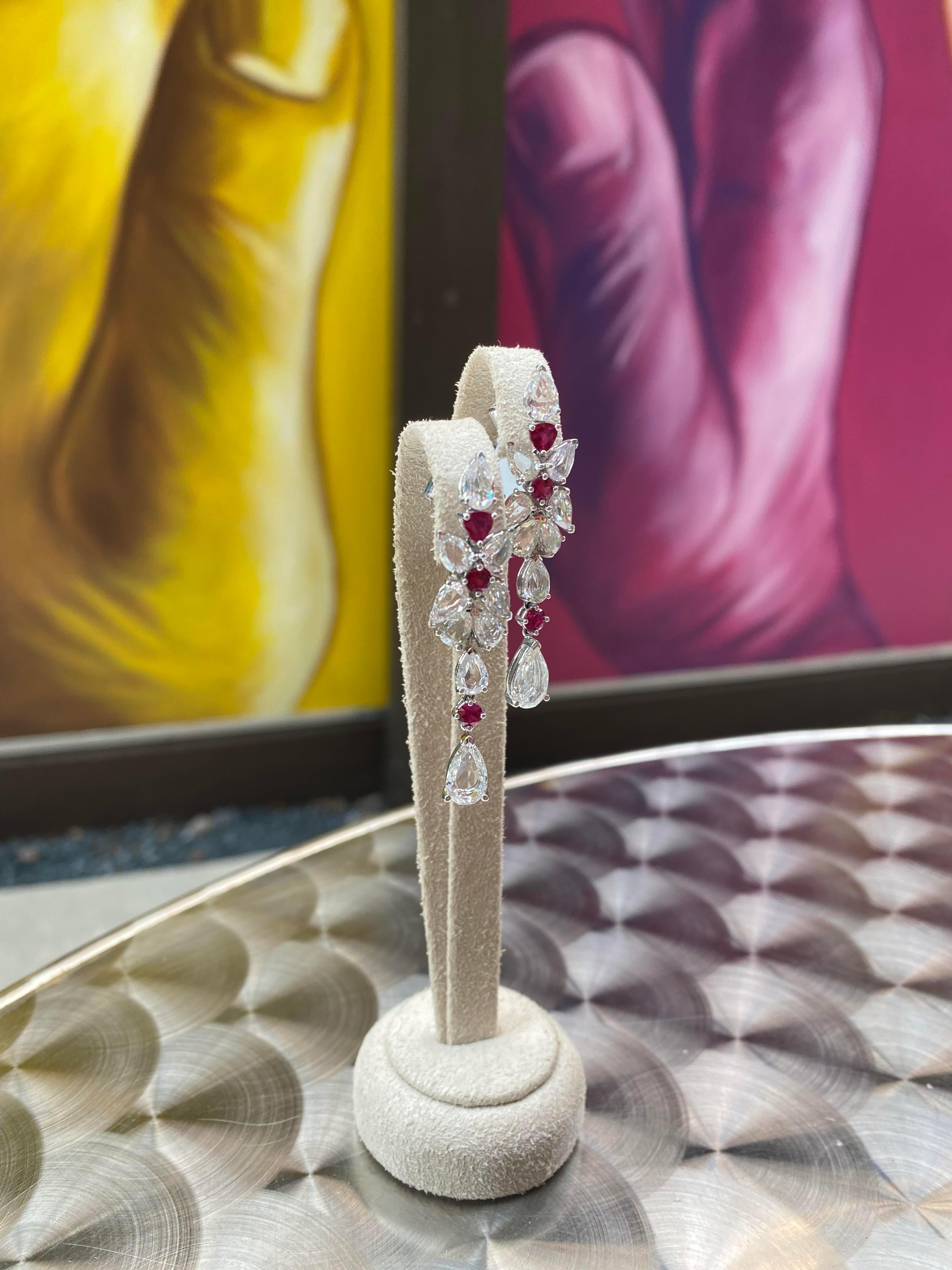 7.00ctw Rose Cut Diamonds & 1.25ctw Ruby 18k White Gold Drop Earrings For Sale 1