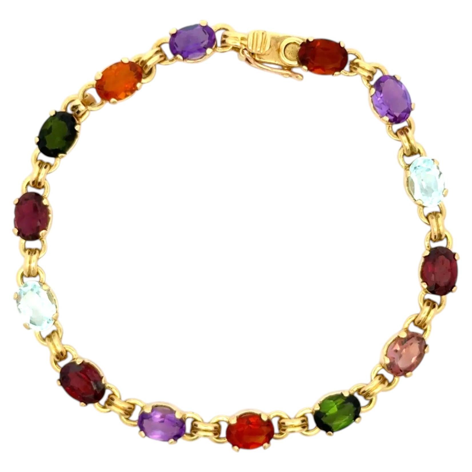 7.00tcw Multi Gemstone Gold Link Vintage Bracelet Estate Fine Jewelry For Sale