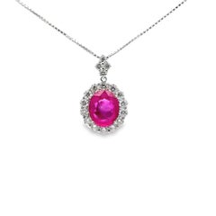 7.01 Carat Burmese Ruby Diamond Halo Platinum Pendant Necklace, GRS Certified