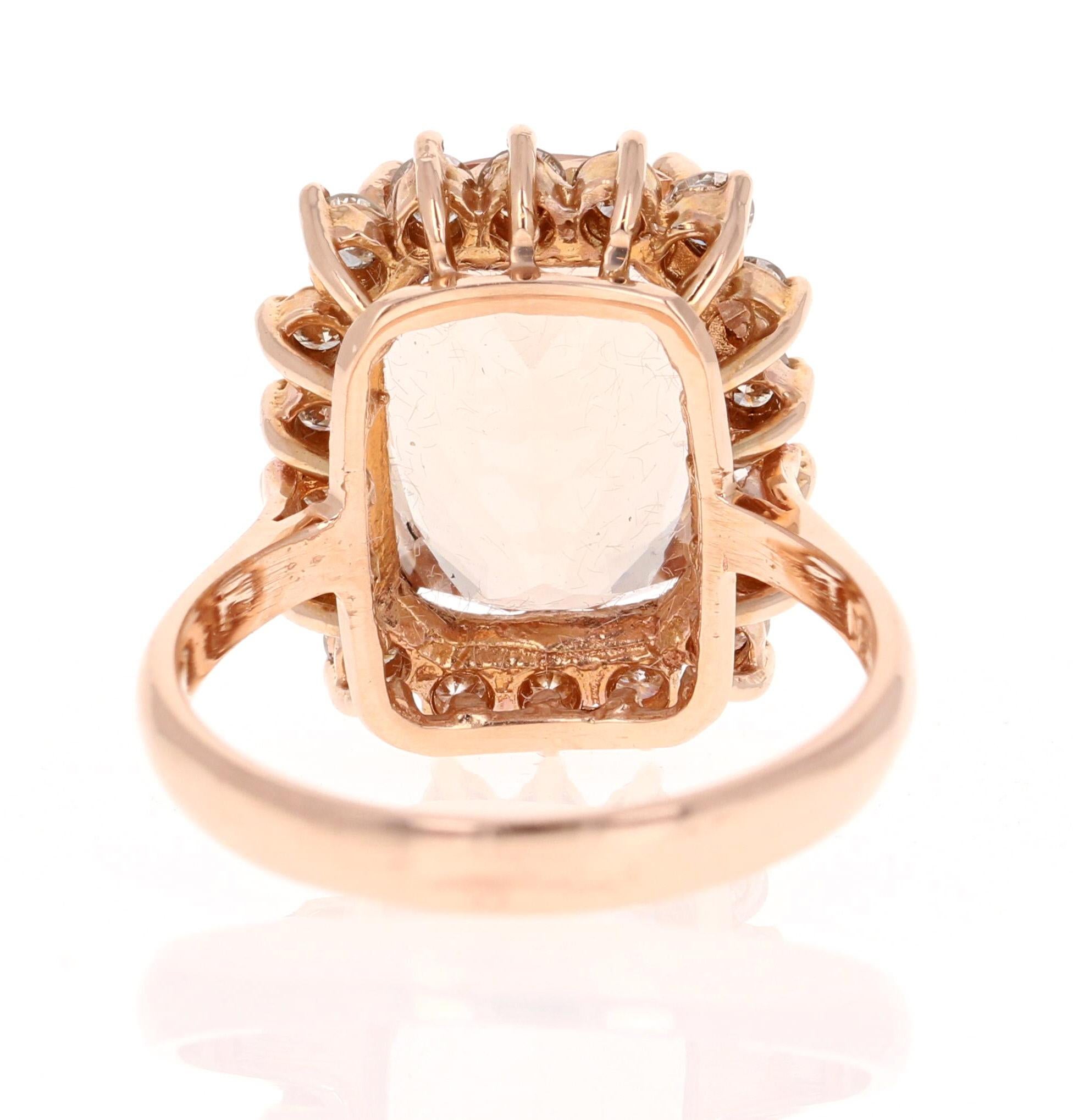 Emerald Cut 7.01 Carat Morganite Diamond 14 Karat Rose Gold Cocktail Ring