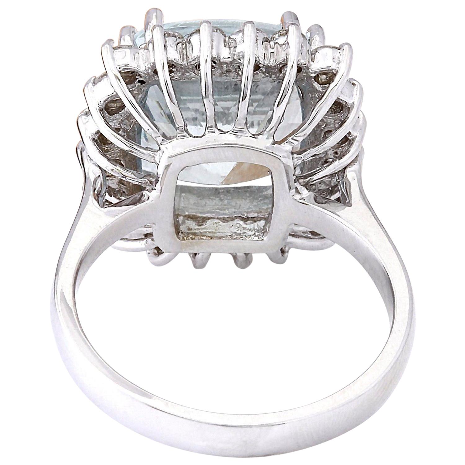 Cushion Cut Aquamarine Diamond Ring In 14 Karat Solid White Gold  For Sale