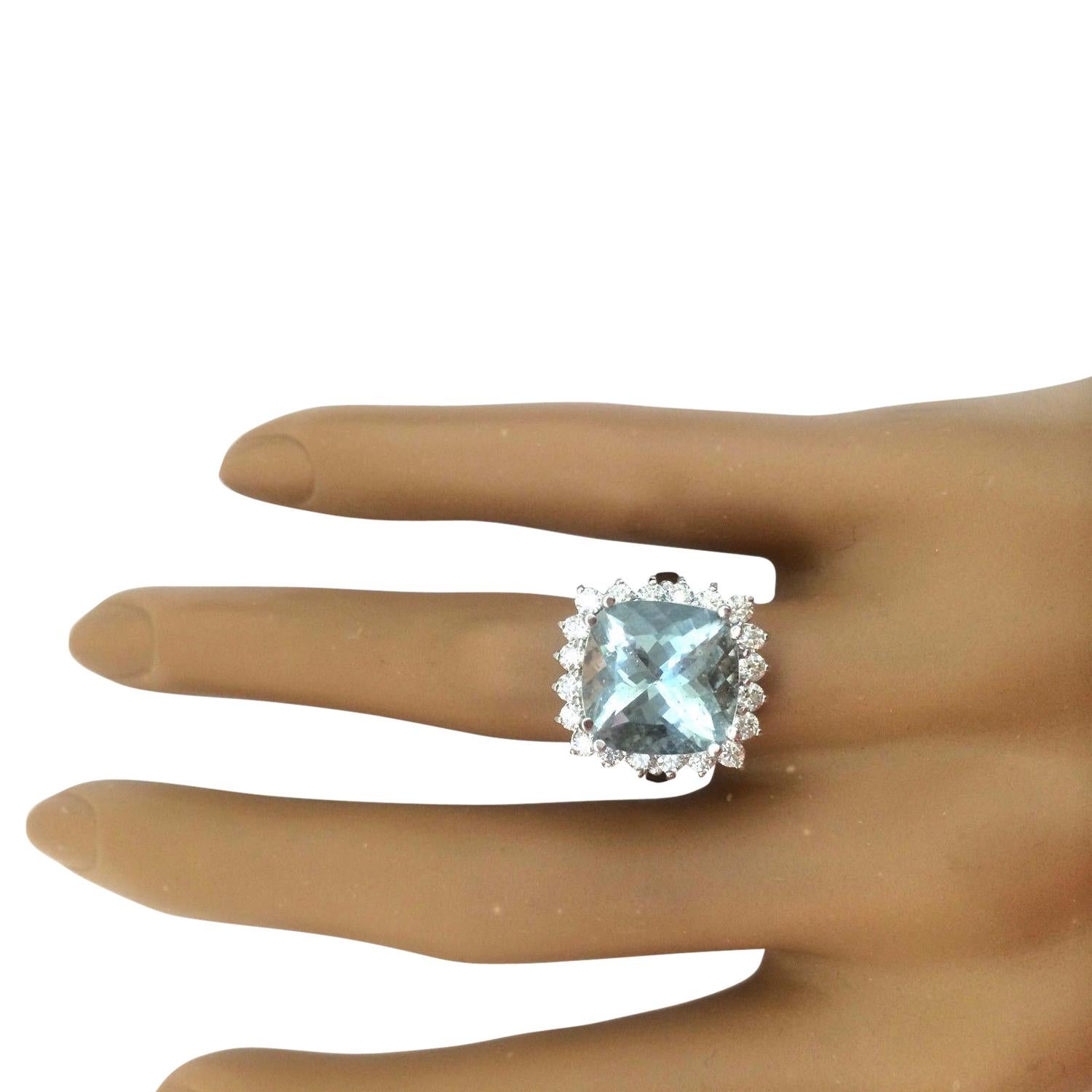 Women's Aquamarine Diamond Ring In 14 Karat Solid White Gold  For Sale