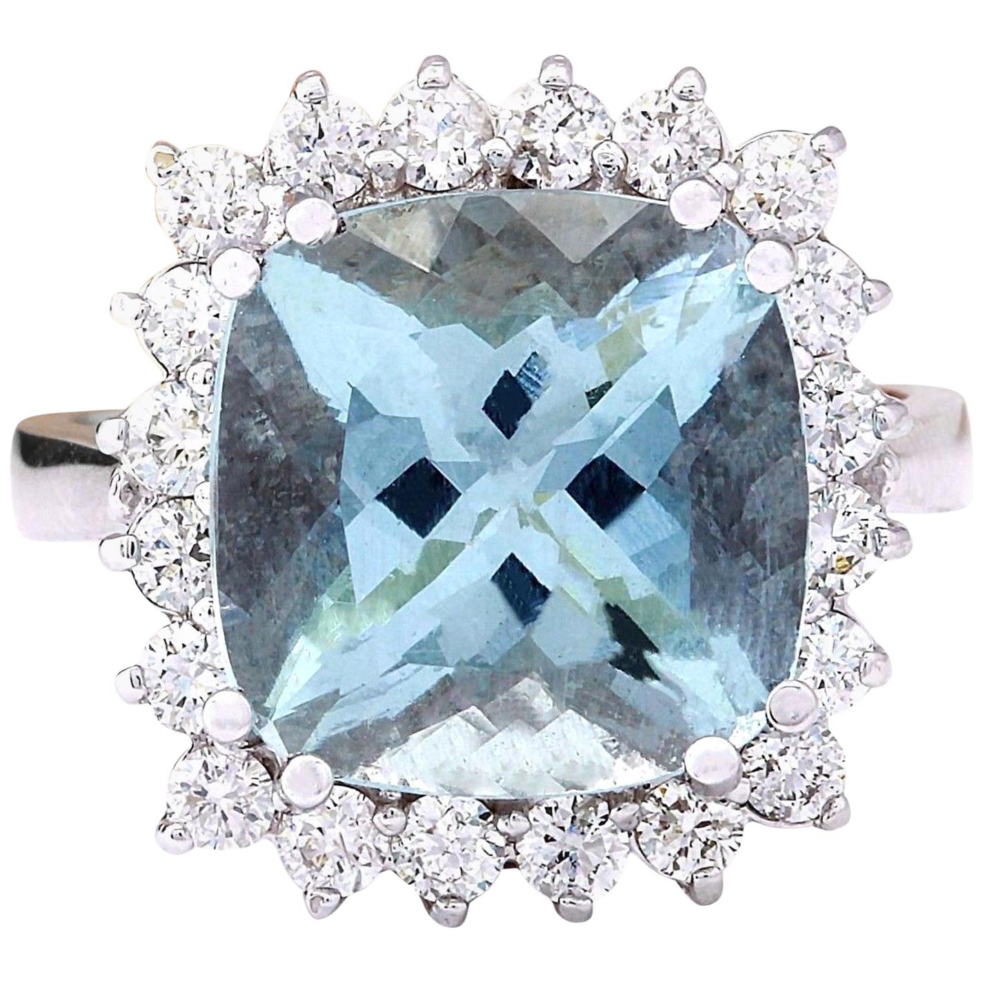 Aquamarine Diamond Ring In 14 Karat Solid White Gold  For Sale