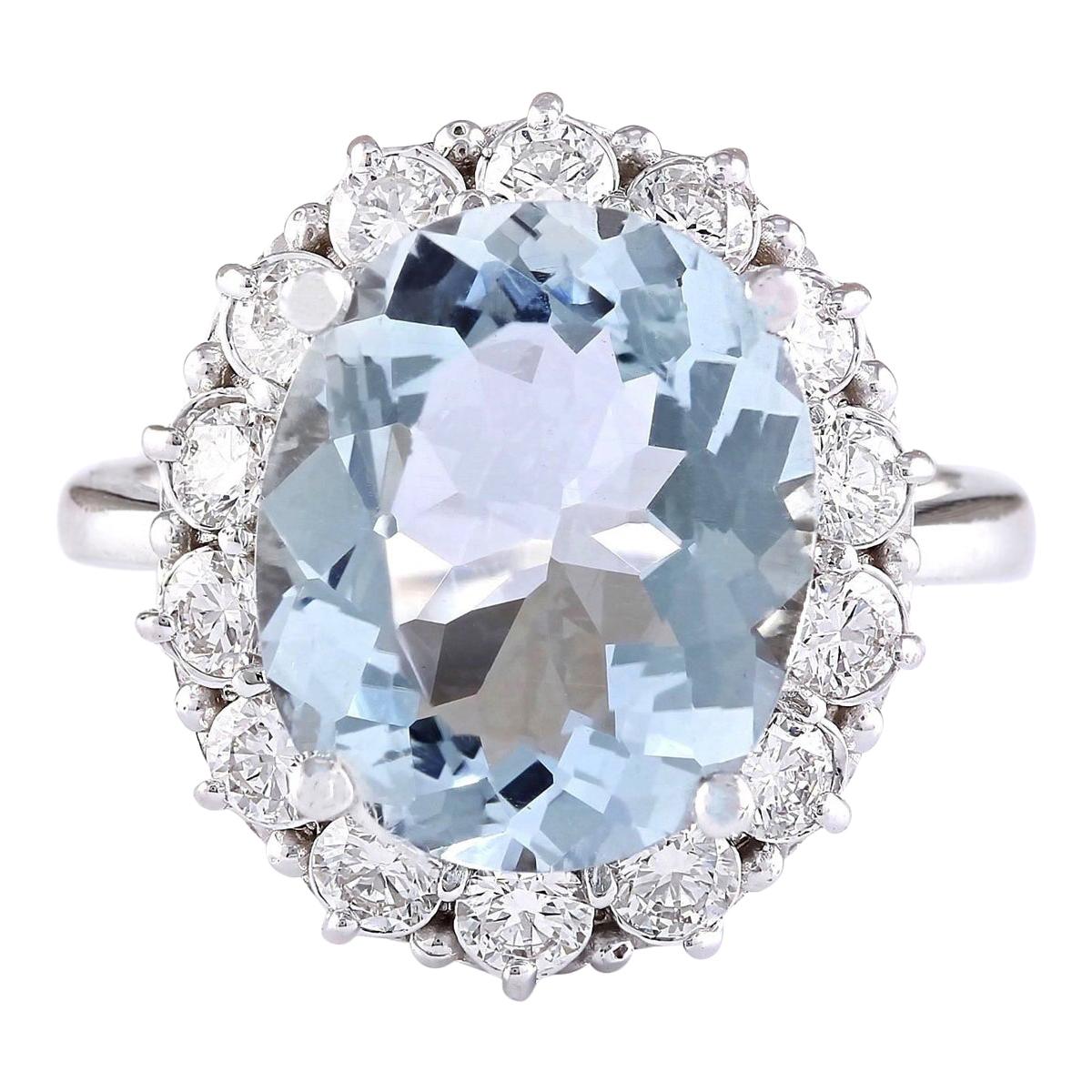 Natural Aquamarine Diamond Ring In 14 Karat White Gold  For Sale