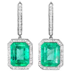 7.01 Ct no-oil Russian Emerald White Diamond 18 Karat White Gold Drop Earrings