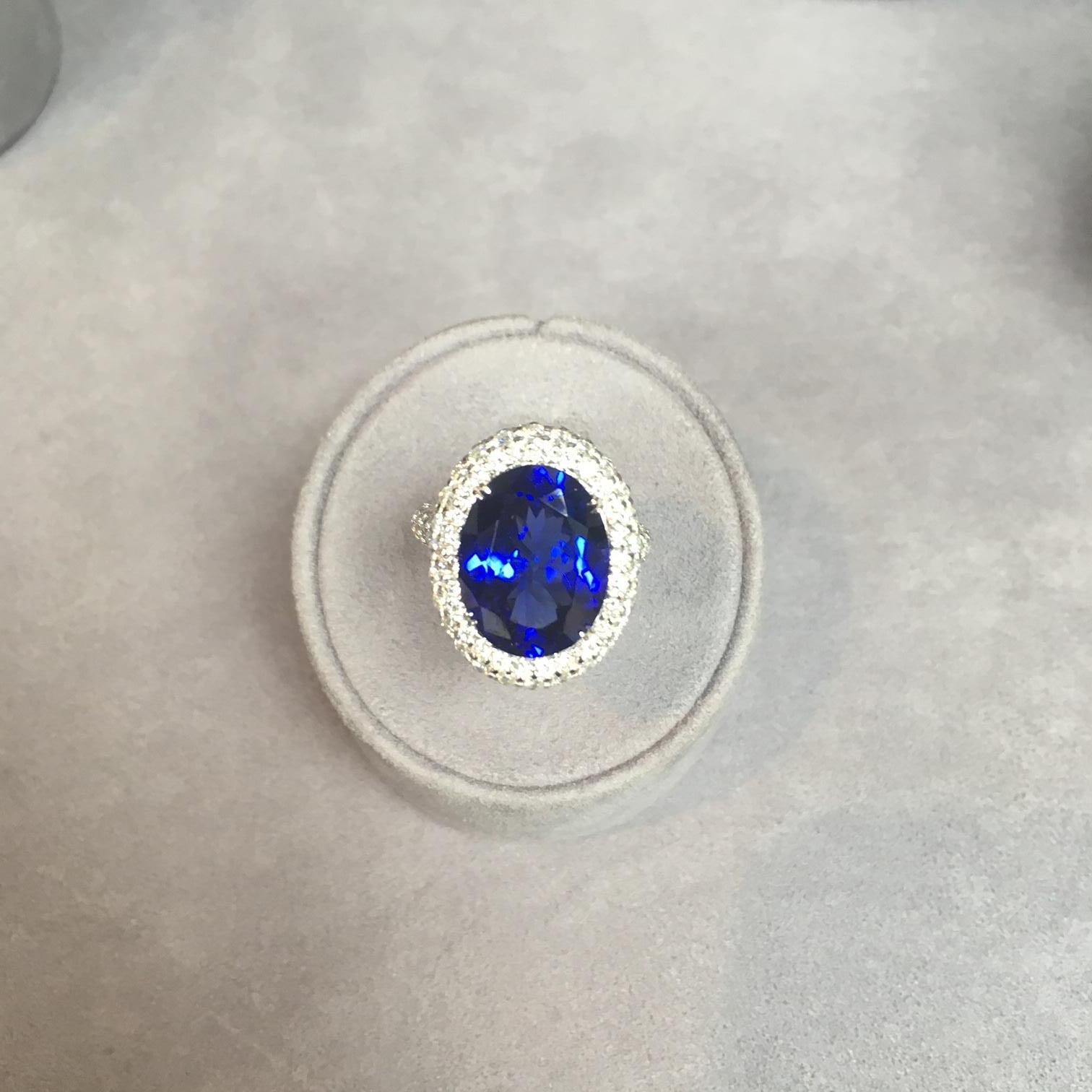 Modern 8.75 Carat Tanzanite and Diamond Ring For Sale
