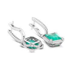 7.01 Ct no-oil Russian Emerald White Diamond 18 Karat White Gold Drop Earrings