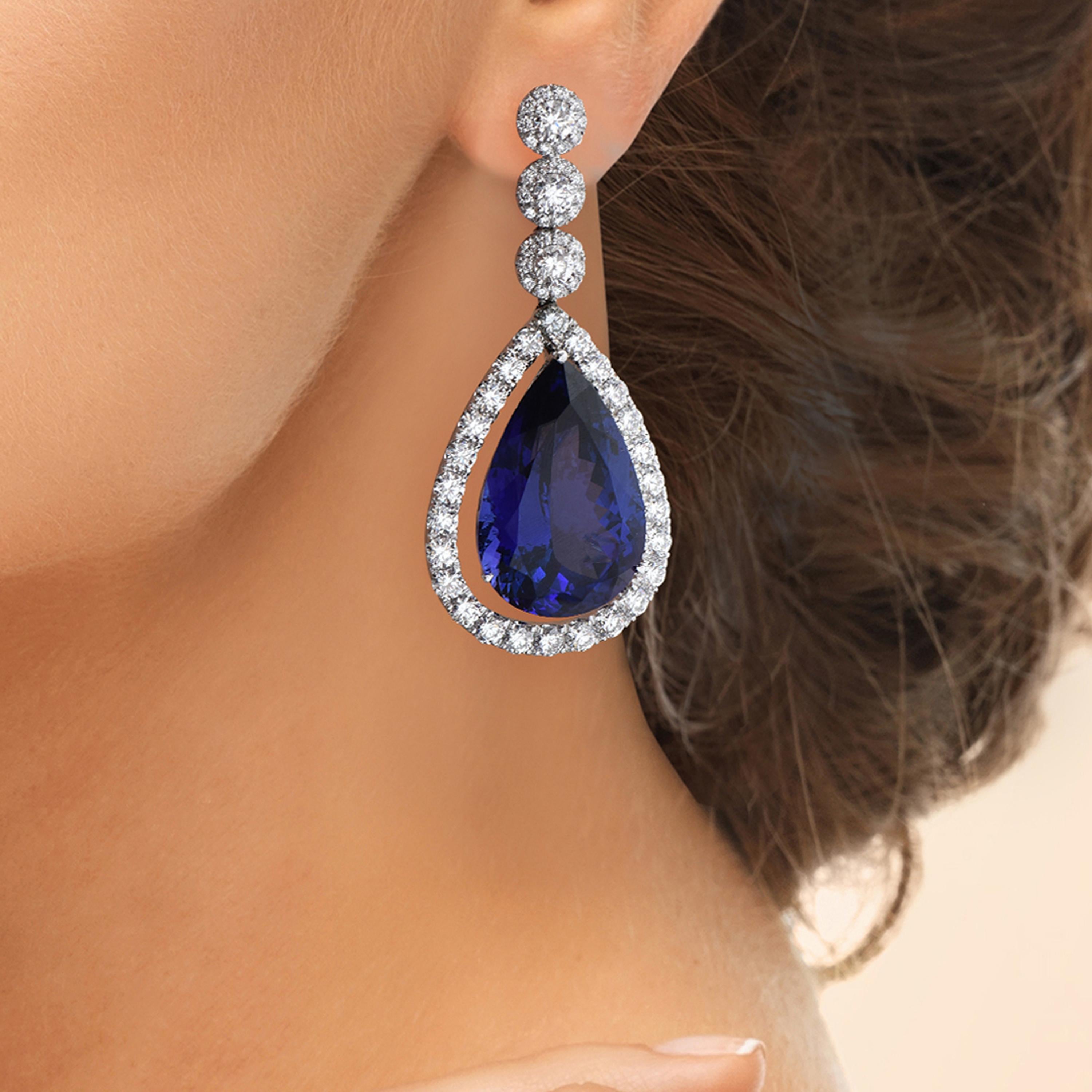 Oval Cut Laviere 70.12 Carat Tanzanite and Diamond Earrings For Sale