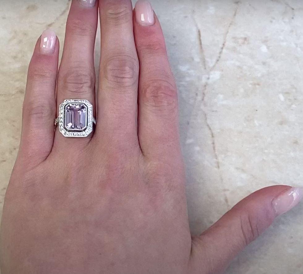 7.01ct Emerald Cut Natural Kunzite Engagement Ring, Diamond Halo, Platinum For Sale 5