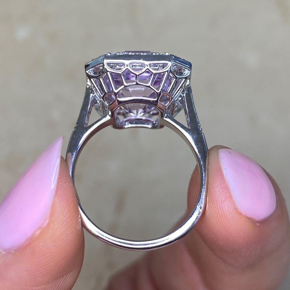 7.01ct Emerald Cut Natural Kunzite Engagement Ring, Diamond Halo, Platinum For Sale 7