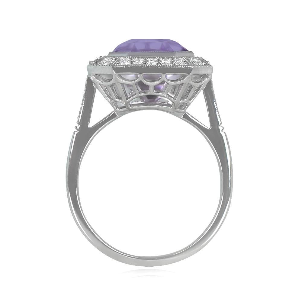 Art Deco 7.01ct Emerald Cut Natural Kunzite Engagement Ring, Diamond Halo, Platinum For Sale