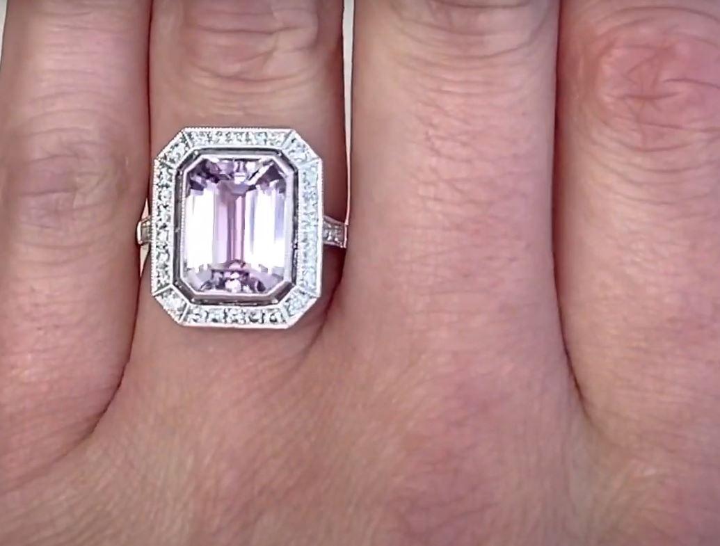 Women's 7.01ct Emerald Cut Natural Kunzite Engagement Ring, Diamond Halo, Platinum For Sale